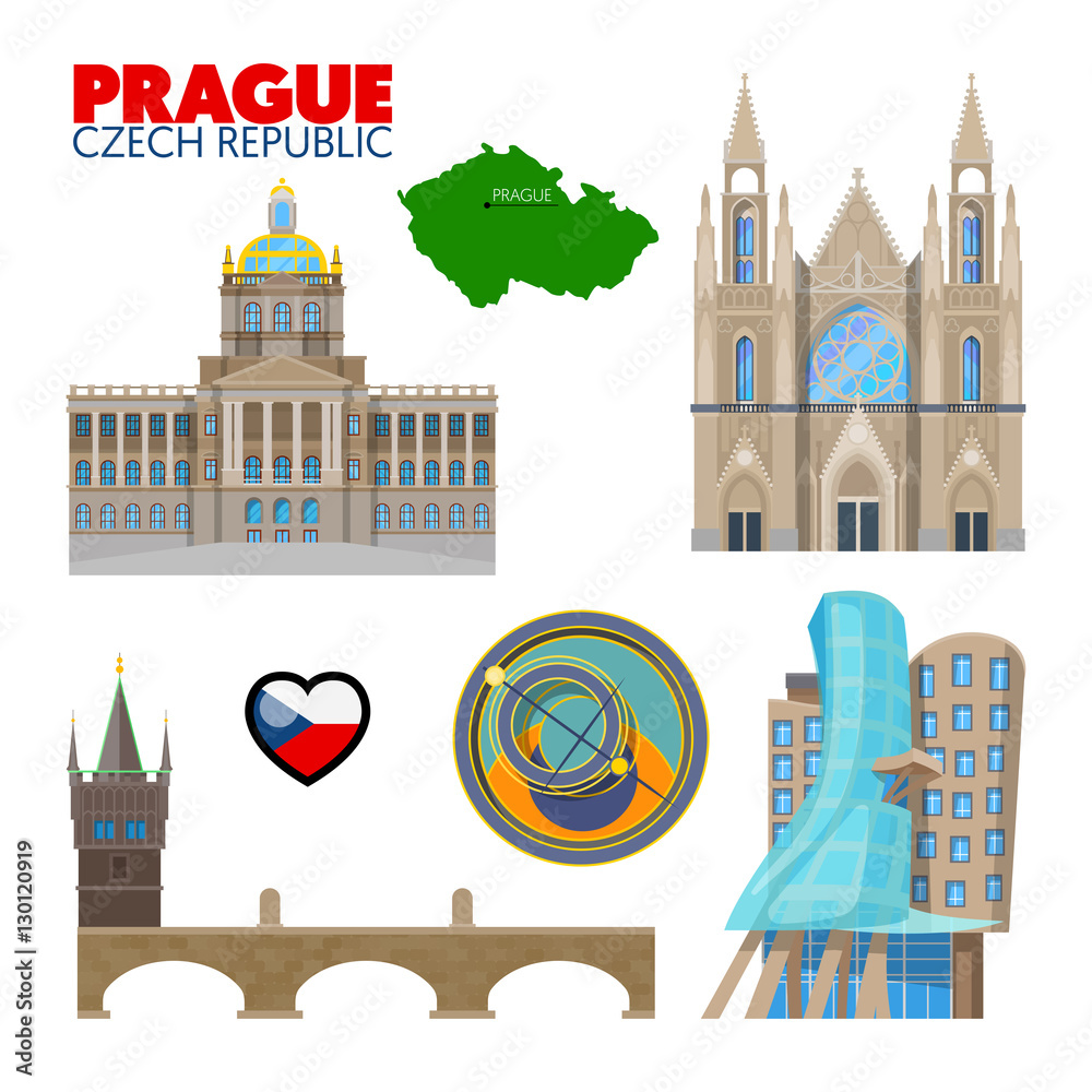 Fototapeta premium Praga Czechy Travel Doodle z praską architekturą, Mostem Karola i flagą. Ilustracji wektorowych