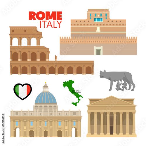 Rome Italy Travel Doodle with Rome Architecture, Capitoline Wolf and Flag. Vector illustration