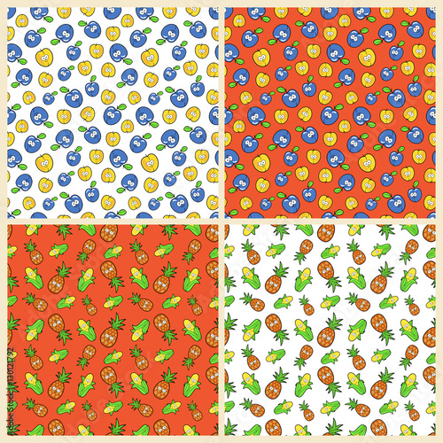 Fruits Seamless Vector Background Set with Funny Plums, Pineapples and Apricots