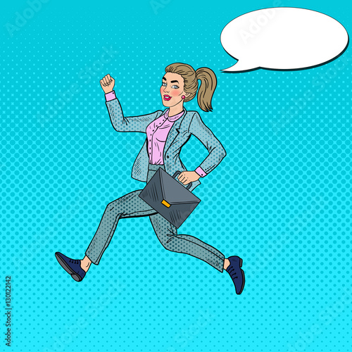 Pop Art Running Business Woman with Briefcase. Vector illustration