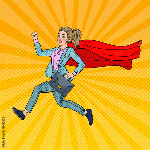 Pop Art Super Business Woman with Red Cape Running with Briefcase. Vector illustration