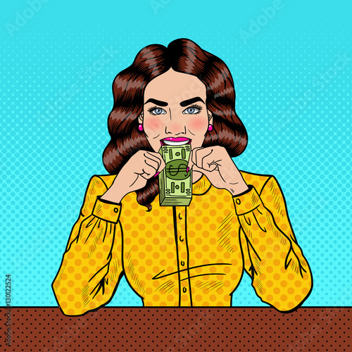 Pop Art Successful Young Beautiful Woman Eating Money. Vector illustration