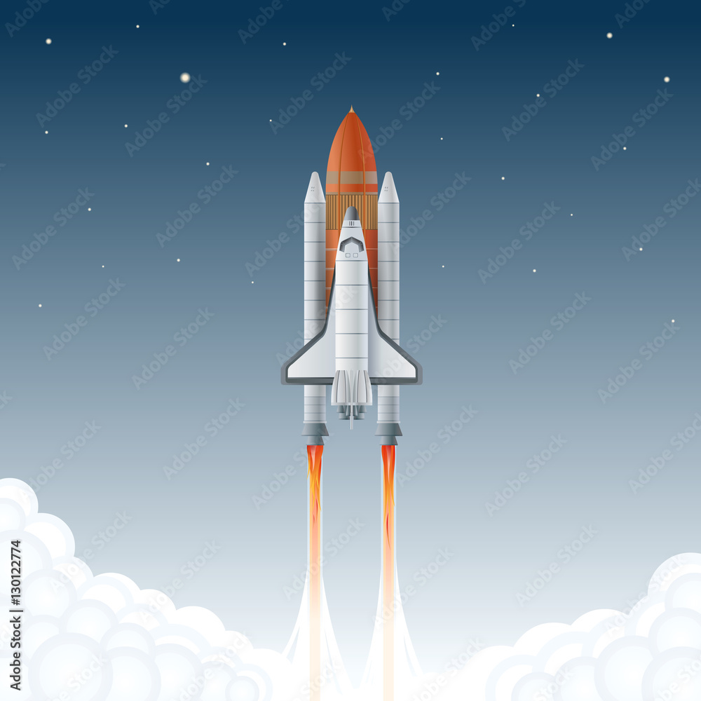 Fototapeta Flying a spaceship in outer space. Vector illustration.