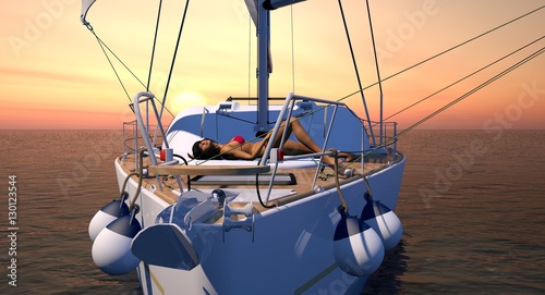Fototapeta Naklejka Na Ścianę i Meble -  Sailboat At Sunrise or Sunset With Female In Bikini 3D Rendering
