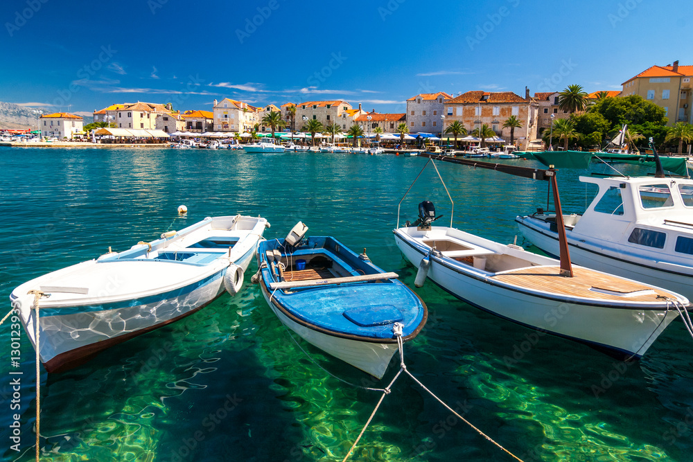 Boats in the harbor of Supetar on the island Brac in summer, Croatia, Europe