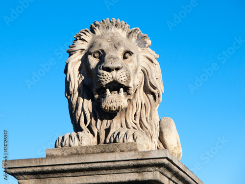 Lion sculpture on Chain Bridge in Budapest, capital city of Hungary, Europe. Detailed shot on blue sky background.