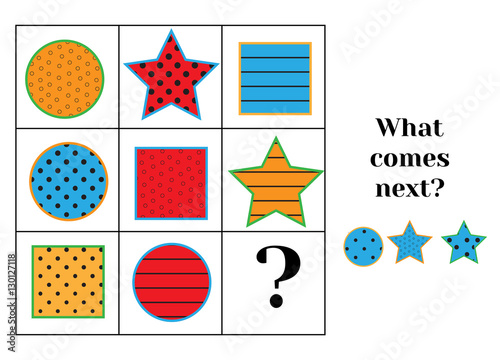 What comes next educational children game. Kids activity sheet, training logic, continue the row task