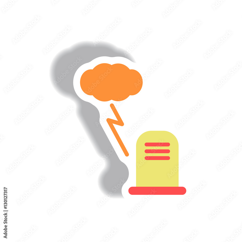 Vector illustration paper sticker Halloween icon grave monument and lightning cloud Vector illustration paper sticker Halloween icon grave monument and lightning cloud