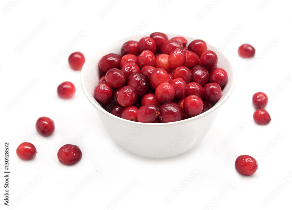 Cranberries in round white bowl and scattered berries isolated on white background indoor front view close up Cranberries in round white bowl and scattered berries isolated on white background indoor front view close up
