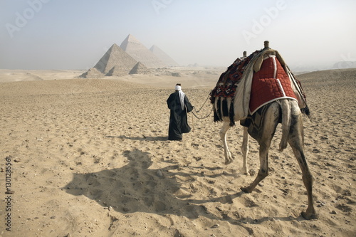 A Bedouin guide and camel approaching the Pyramids of Giza, Cairo, Egypt,North Africa