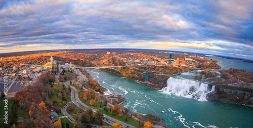 Bird View of Niagara Falls Canada and America during sunset photo
