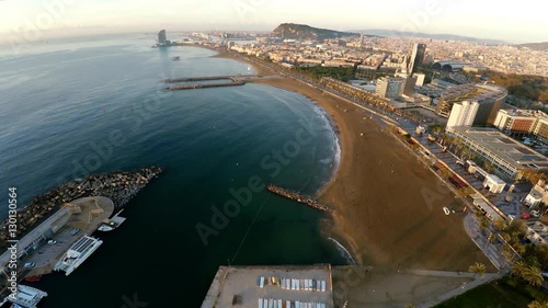 Aerial view. Barcelona. Architecture, buildings and streets. Coastline. Spain. ProRess. 4K.
