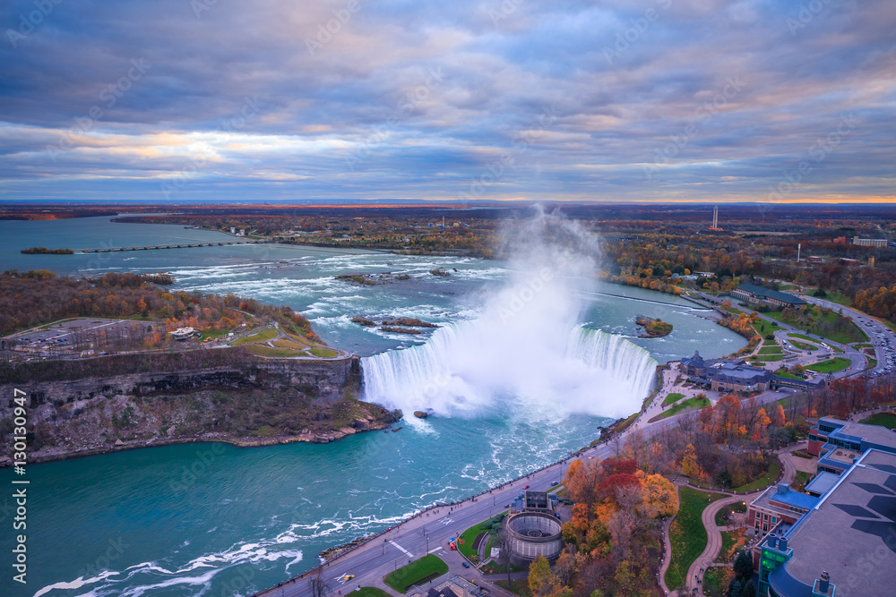 Bird View of Niagara Falls Canada and America during sunset