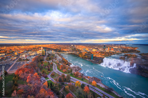 Bird View of Niagara Falls Canada and America during sunset