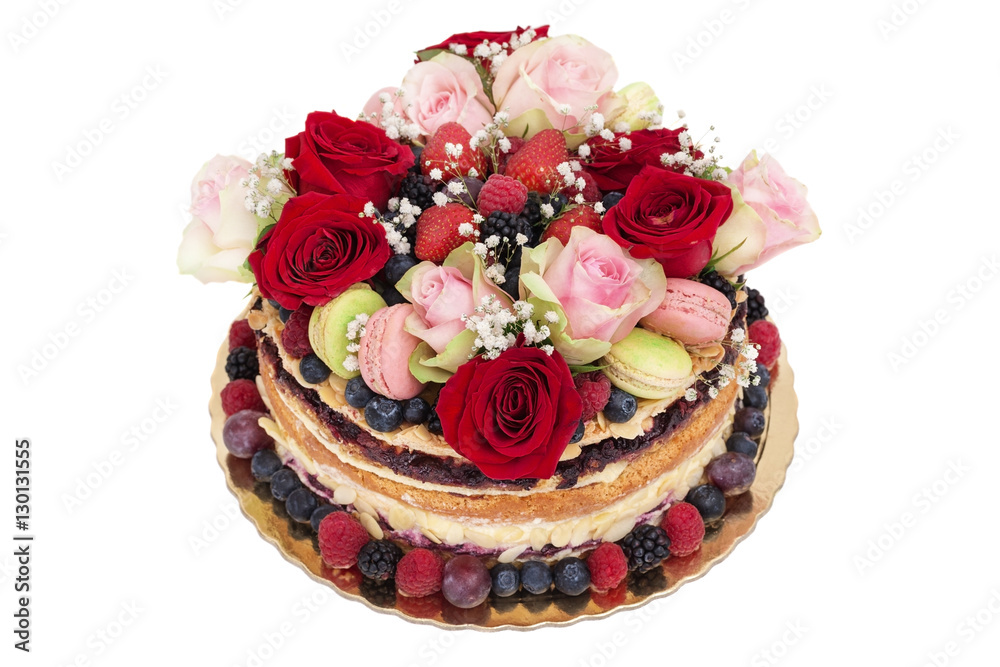 Fototapeta premium Delicious fruit cake with roses flowers.