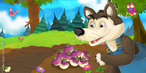 Fototapeta Naklejka Na Ścianę i Meble -  Cartoon scene with happy wolf on the meadow - illustration for children