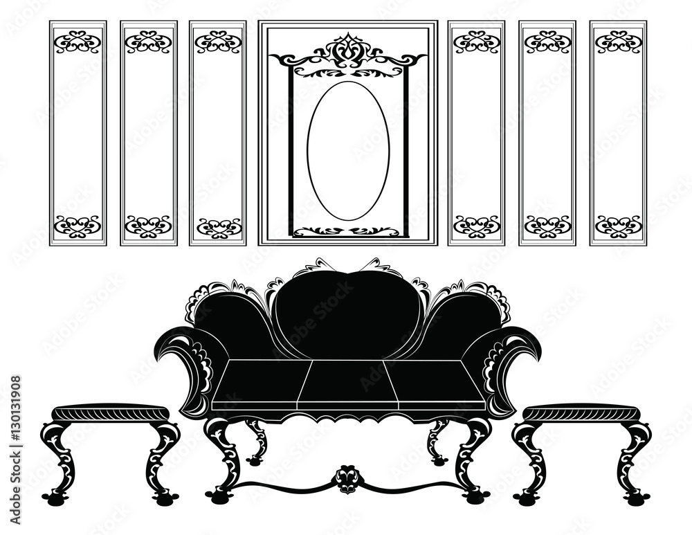 Classic wall frames and furniture. Interior design decoration panels