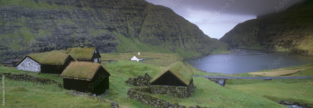 Traditional turf roofed farm buildings and church, Saksun, Streymoy Island, Faroe Islands (Faroes), Denmark Traditional turf roofed farm buildings and church, Saksun, Streymoy Island, Faroe Islands (Faroes), Denmark