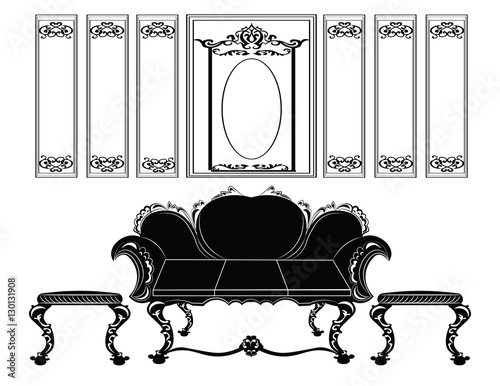 Classic wall frames and furniture. Interior design decoration panels and sofa...