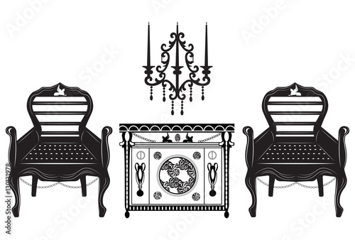 Classic biedermeier style furniture set. Chair and table with rich ornaments. English carved ornaments structure. Vector Vintage exquisite Style