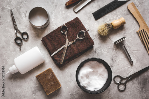 Photography Mens hairdressing desktop with tools for shaving top view