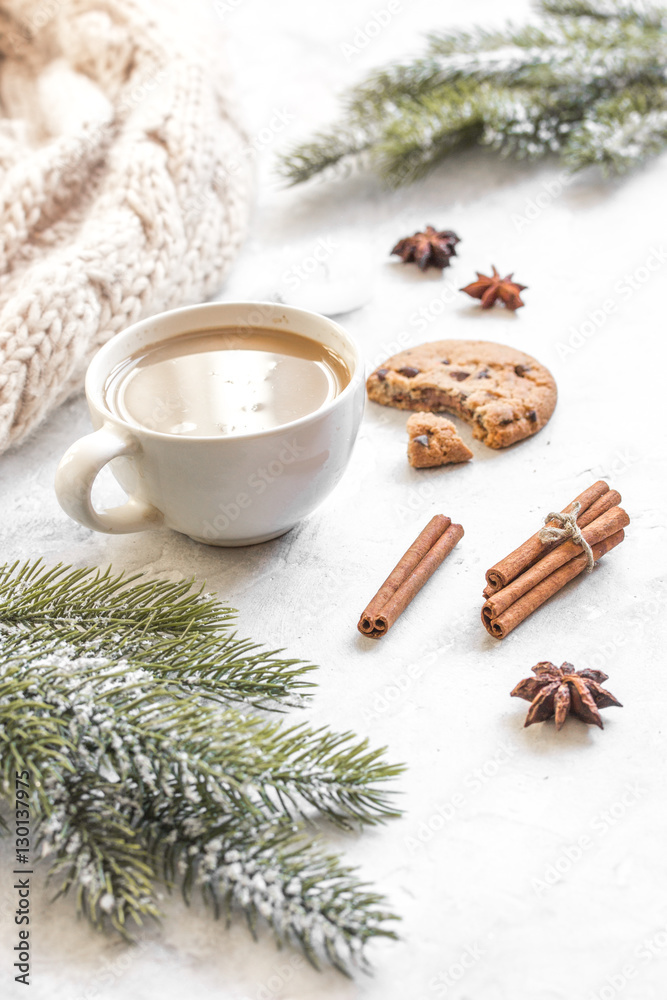 Christmas evening with cup of cocoa white background Christmas evening with cup of cocoa white background