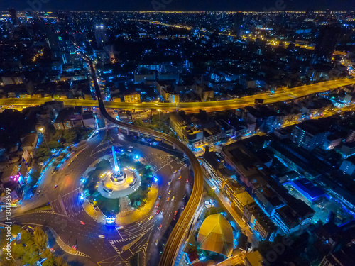 Fototapeta Naklejka Na Ścianę i Meble -  Victory Monument , Bangkok ,Thailand , aerial photography at night , Low key exposure