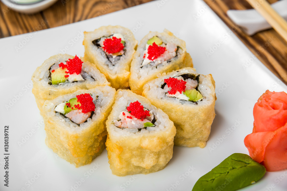 sushi and rolls with fresh fish, Japanese cuisine with fresh seafood