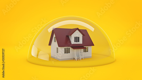 House under a Glass Shield, Protection Concept. 3d rendering