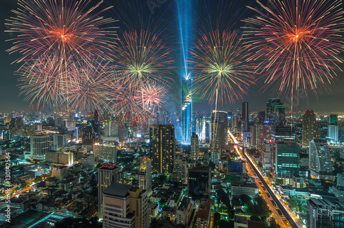 Top view of Bangkok Cityscape at night with Multicolor Firework