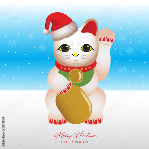 Merry Christmas and Happy New Year greeting card with maneki neko lucky cat japan. vector illustration