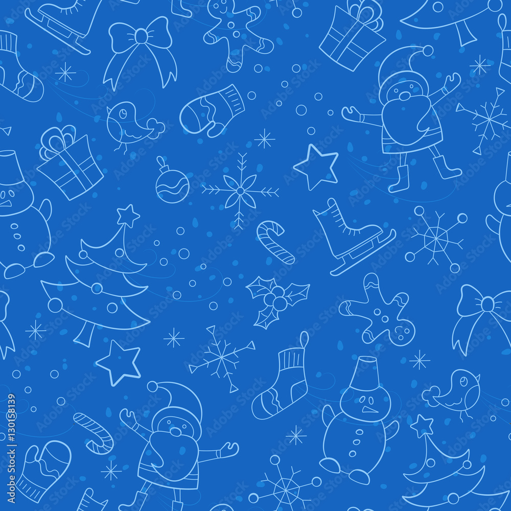 Seamless pattern on the theme of New year and Christmas, simple hand-drawn contour icons on a blue background Seamless pattern on the theme of New year and Christmas, simple hand-drawn contour icons on a blue background