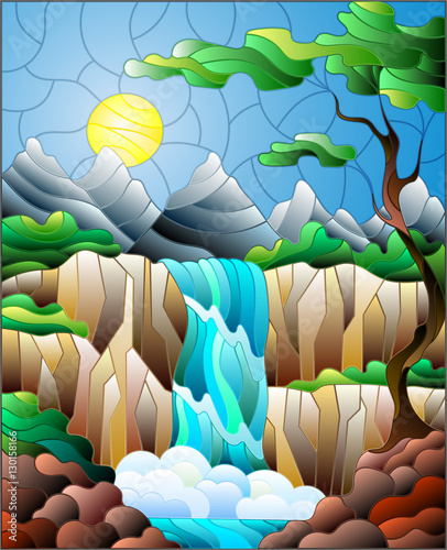 Illustration in stained glass style landscape ,the tree on the background of a waterfall, mountains, sun and sky