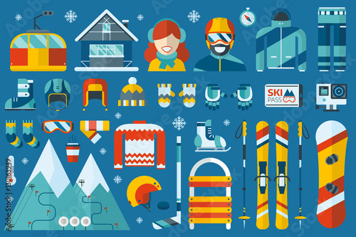 Winter sports icon set. Skiing, snowboarding and other snow activities vector objects. Snowboard and ski equipment with ski resort elements in flat design.