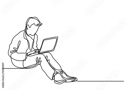 continuous line drawing of a guy sitting with laptop computer