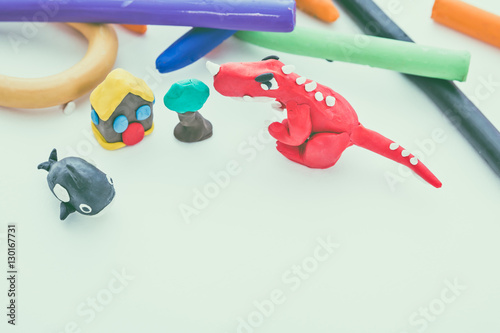 Creative dinosaur, whale, house and tree clay model. Play dough