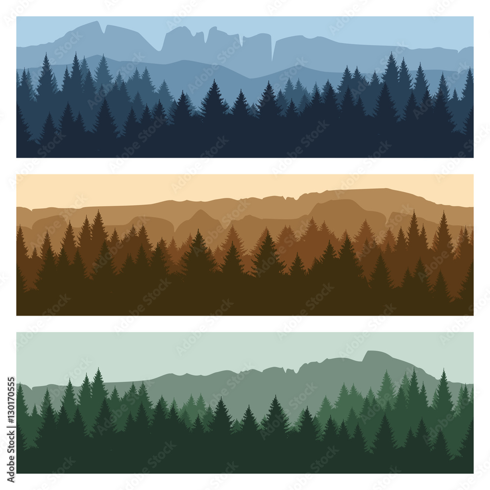 Plakat Outdoor rocky landscape background with forest and mountains. Vector mountain peaks and trees panorama banners
