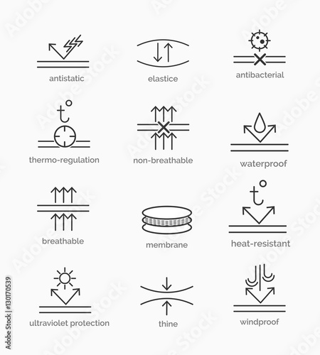 Fabric properties and garment material features icons. Vector illustration
