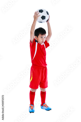 Fototapeta Naklejka Na Ścianę i Meble -  Young asian soccer player with soccer ball. Studio shot.