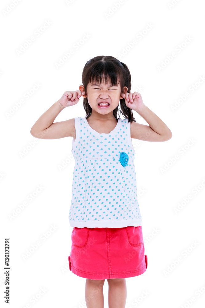 Child putting finger on her ears. Isolated on white background. Child putting finger on her ears. Isolated on white background.