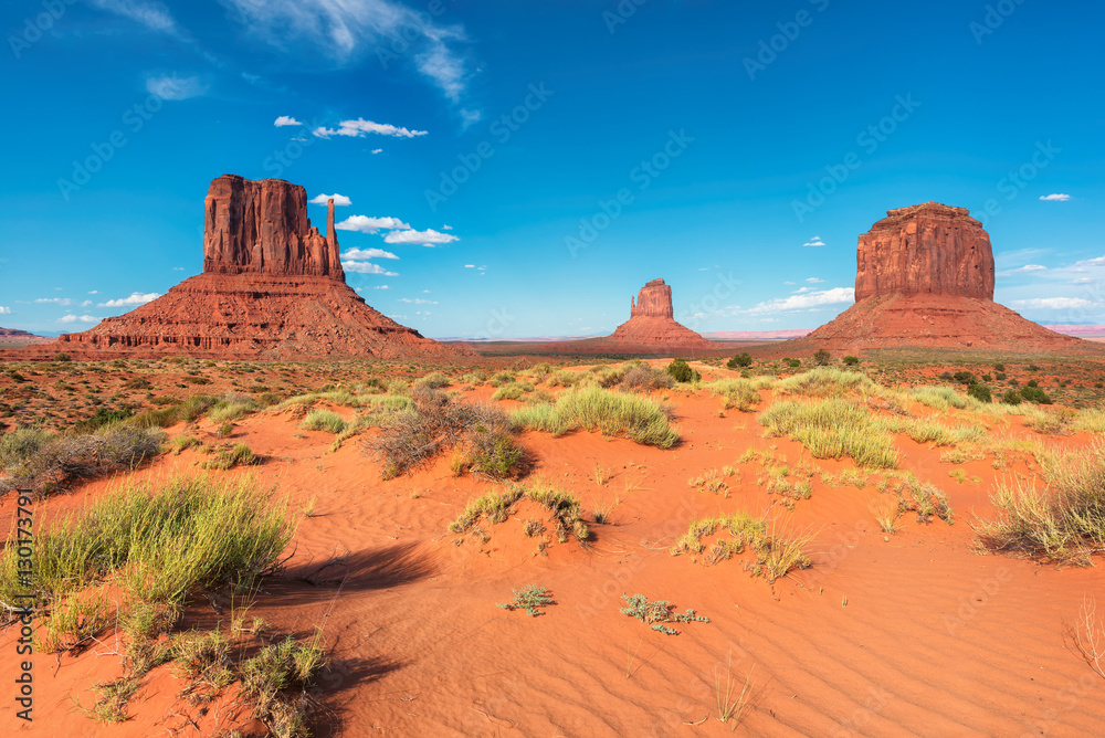 Monument Valley West and East Mittens Butte desert sand dunes, Utah Monument Valley West and East Mittens Butte desert sand dunes, Utah