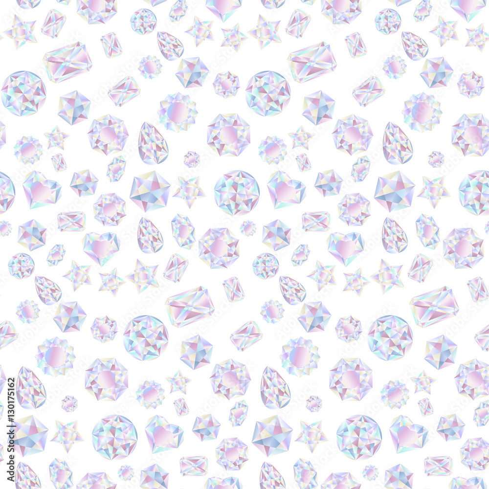 Seamless pattern of colorful vector jewels gemstones and crystals on white background.