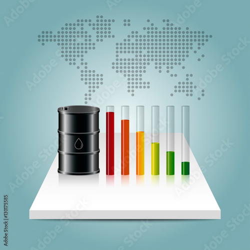 Oil industry concept. Oil price falling down graph with world ma