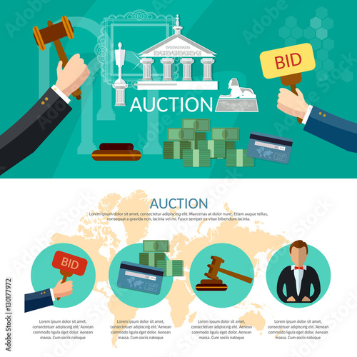 Auction and bidding infographics, antiques art object culture