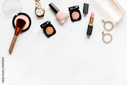 decorative cosmetics nude on white background top view