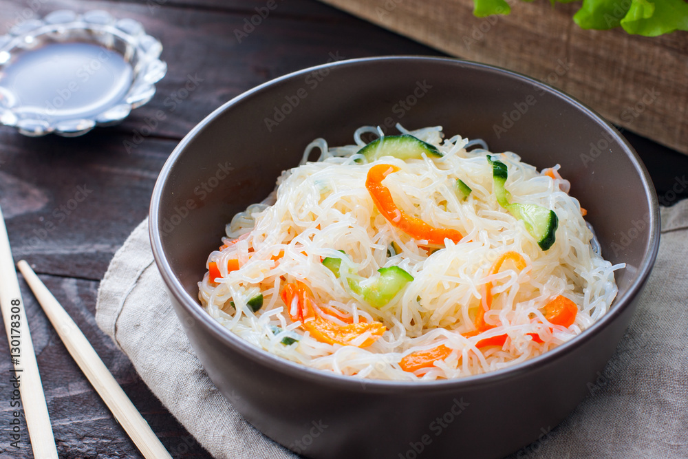 Funchoza salad with rice noodles with cucumber and pepper, horizontal Funchoza salad with rice noodles with cucumber and pepper, horizontal