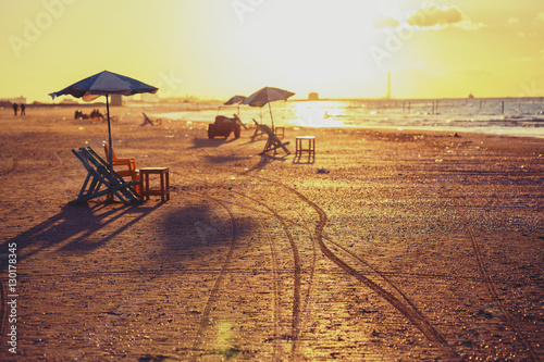 Beach chairs and tables, Ras Elbar, Damietta, Egypt. . photo