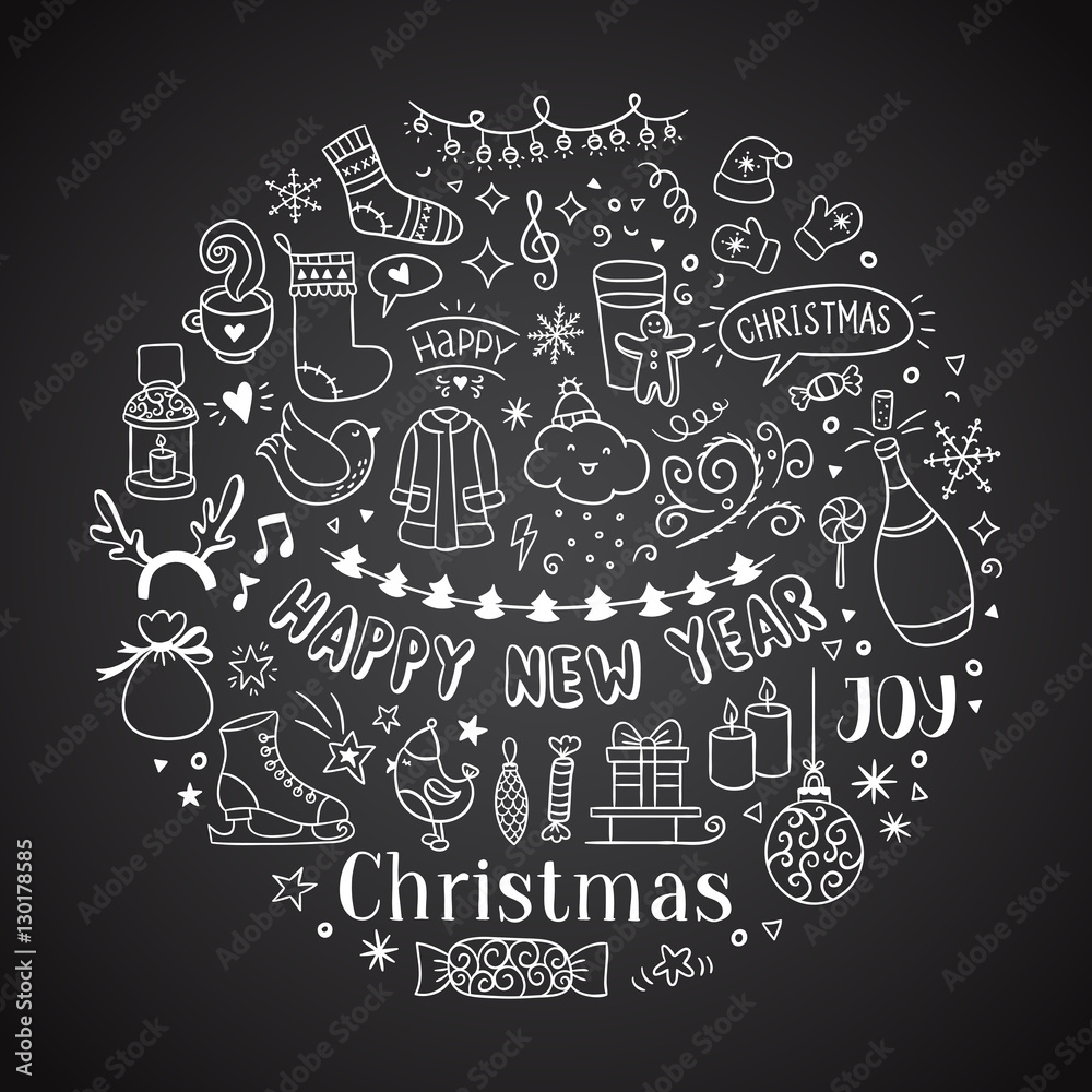 Hand drawn Christmas and New Year icons and doodles. Seasons greetings sketch illustrations