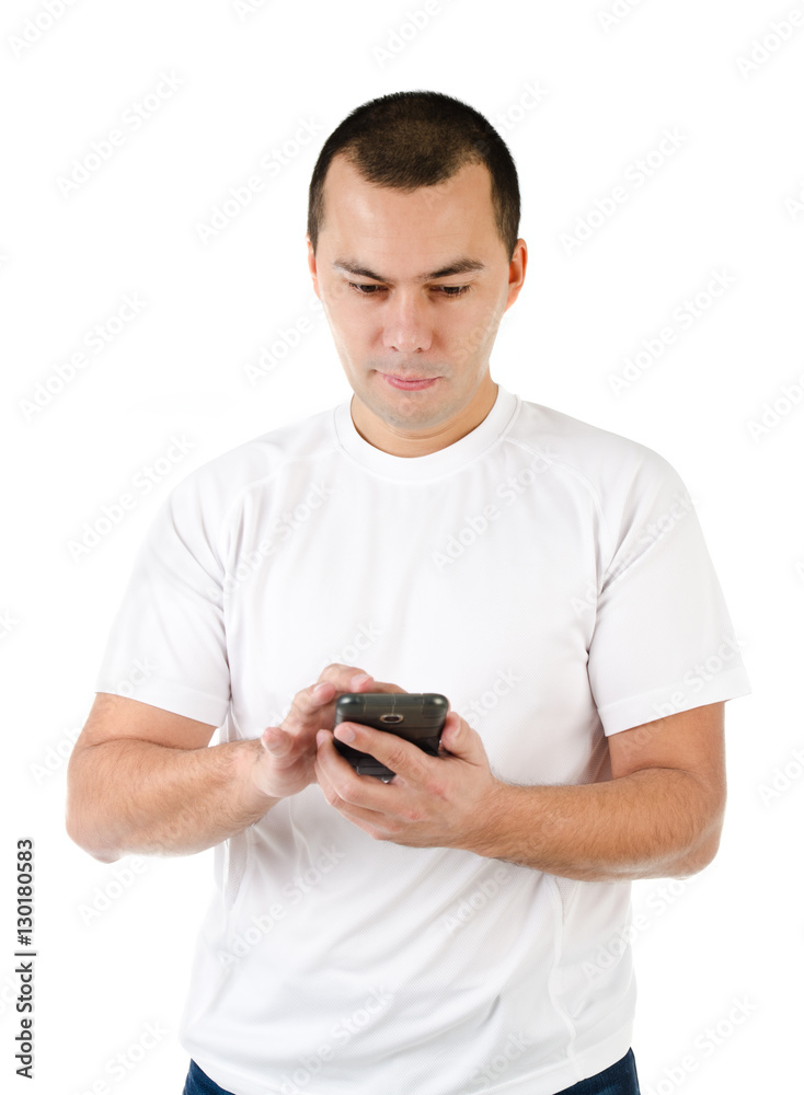 Young man with mobile phone isolated on a white Young man with mobile phone isolated on a white