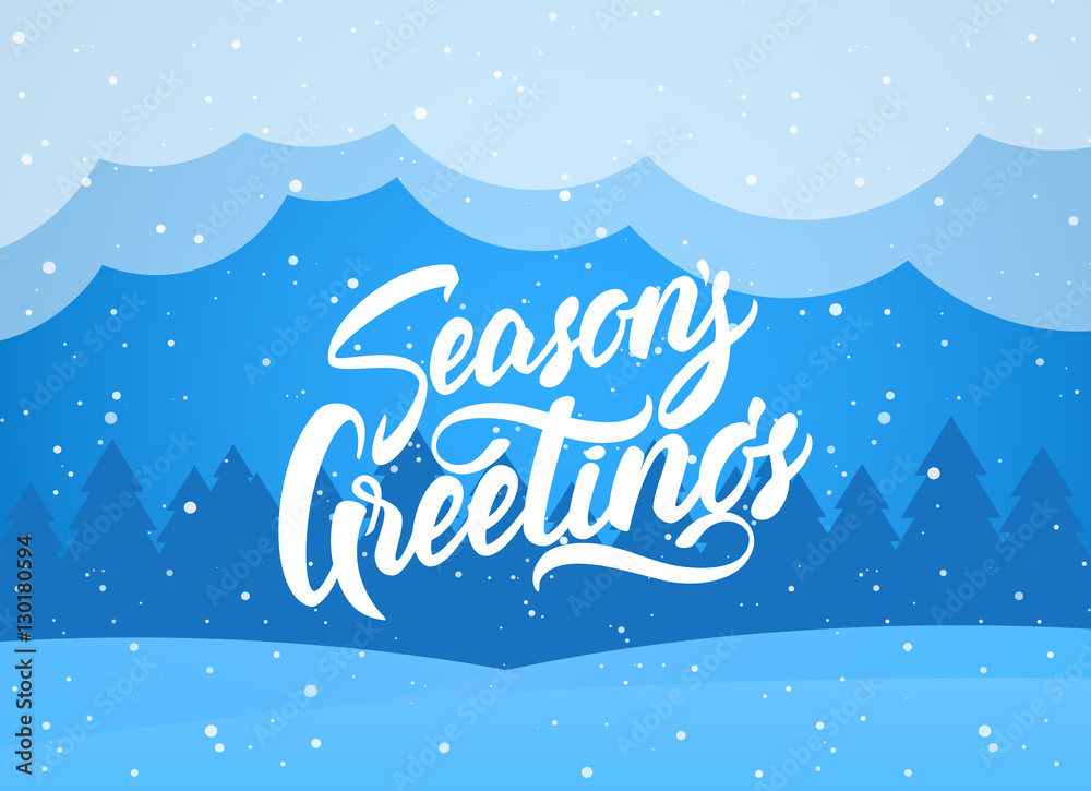 Vector illustration: Handwritten elegant modern brush lettering of Season s Greetings on blue winter background.